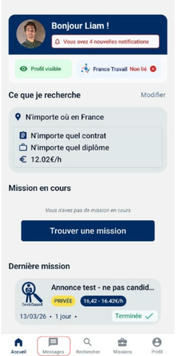 Écran de la messagerie de l'application SeekGuard montrant la liste des conversations avec les recruteurs